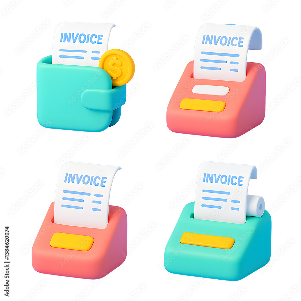 Poster Colorful 3D icons of invoice holders showcasing invoices with transparency on a simple background