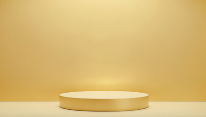Simple 3D rendering of a gold cylinder platform against a matching gold backdrop, ideal for product displays.