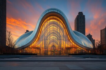 Naklejka premium Glass building glows under a fiery sky.