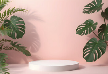 Obraz premium Tropical Leaf Floor Display for Product and Cosmetic Presentation – Exotic Botanical Background Stock Photo
