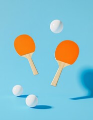 ping pong rackets and ball lie on blue table. Black and orange paddles with wooden handles. Leisure activity and indoors sport equipment for hobby table tennis