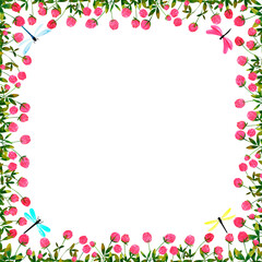 Square frame with clover flowers, colorful butterflies, dragonflies. Watercolor hand painting. Wreath of meadow flowers. Botanical summer wildflower.