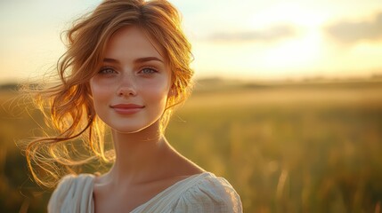 Woman bathed in golden sunlight smiles gently.