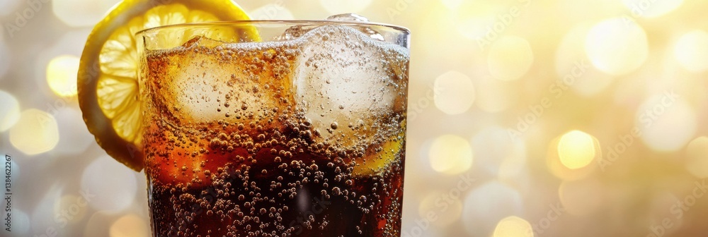 Poster Refreshing ice-cold soda in a glass with fizzy bubbles and lemon slices on a bright background for a lively summer vibe