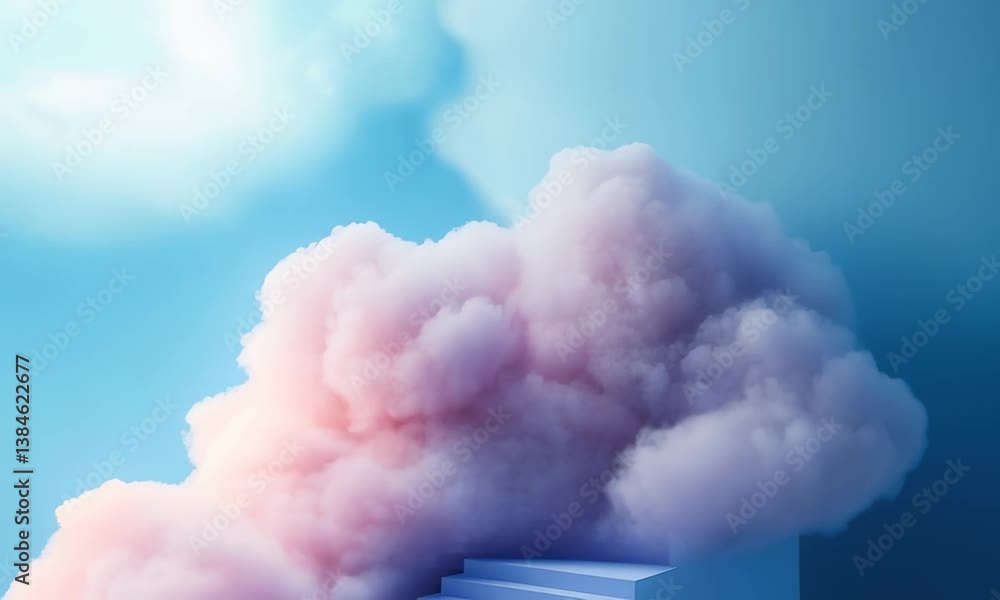 Poster clouds surround a staircase leading to an ethereal realm in a surreal landscape setting at twilight