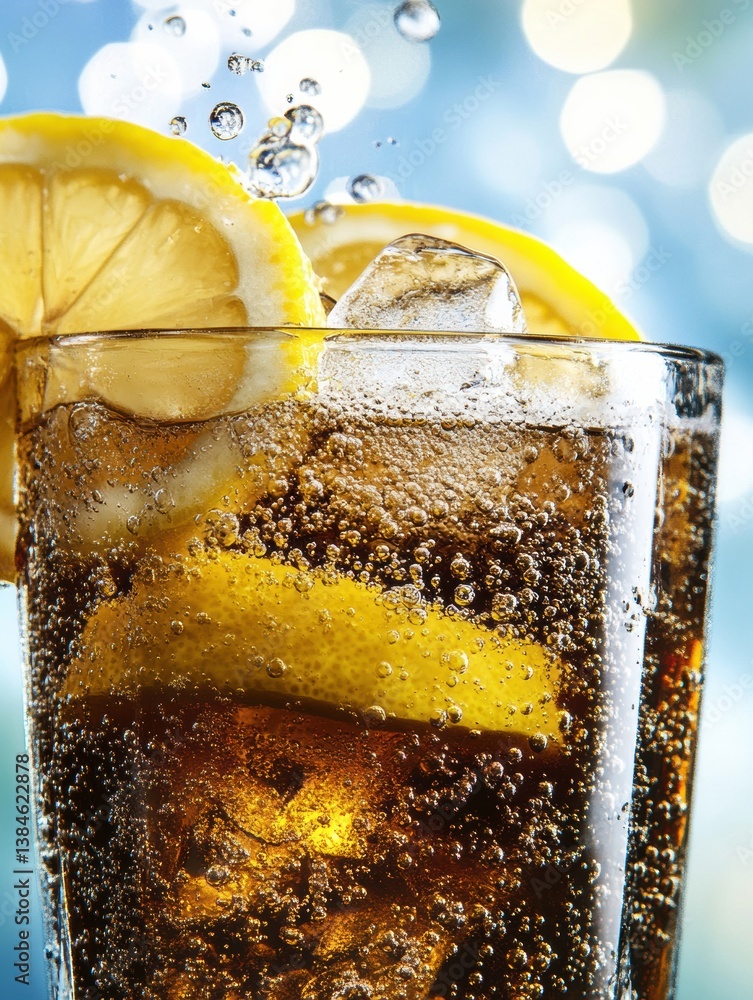 Poster Refreshing ice-cold soda served in a glass with fizzy bubbles and lemon slices against a bright background creating an appealing summer vibe