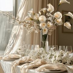 Elegant table setting with white calla lilies and delicate floral arrangements, creating refined atmosphere for special occasion. soft lighting enhances romantic ambiance