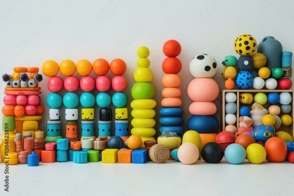Poster minimalistic clean image featuring array of vibrant children toys thoughtfully arranged against ligh