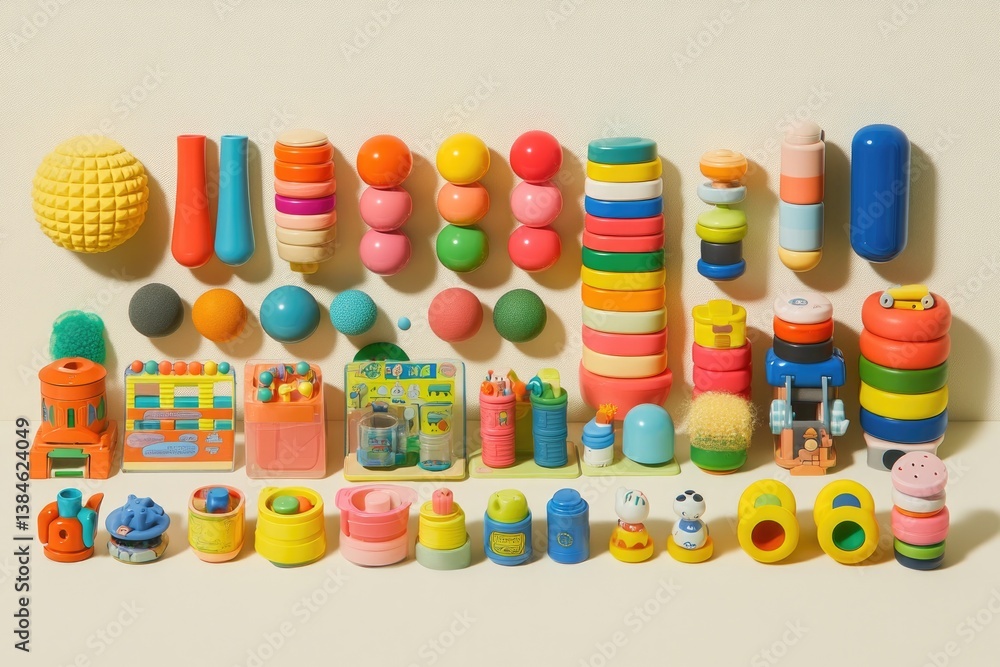 Poster minimalistic clean image featuring array of vibrant children toys thoughtfully arranged against ligh