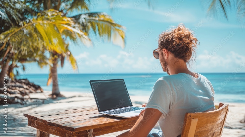 Poster freelancer enjoys ocean breeze while working on laptop at wooden table by the beach