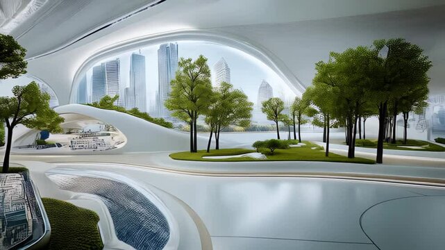 Modern urban interior design showcasing greenery and futuristic architecture in a bustling city