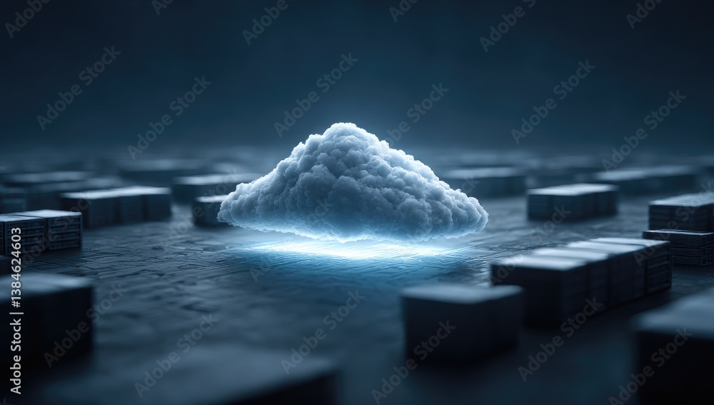 Poster glowing cloud-shaped object above dark gray cubic structures
