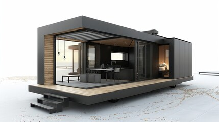 Tiny home with a modern minimalist approach, utilizing smart furniture, fold-away beds, and modular units 