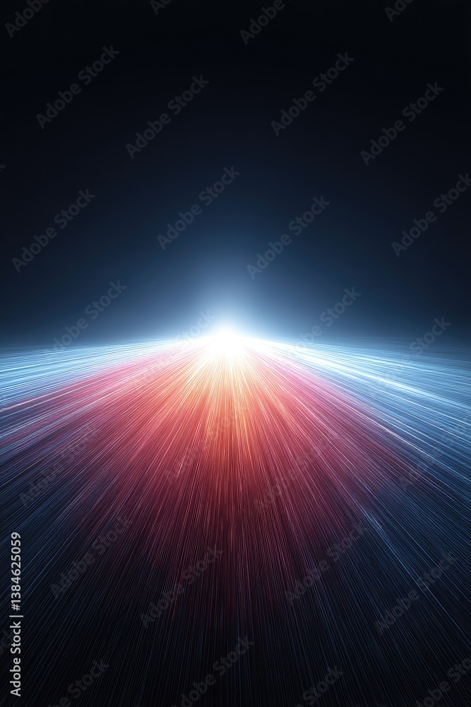 Poster glowing digital pathway: abstract blue red white data points converging on dark background