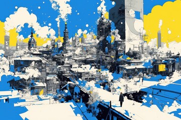 Obraz premium Cityscape view with old buildings, smoke stacks, snowy, painted style