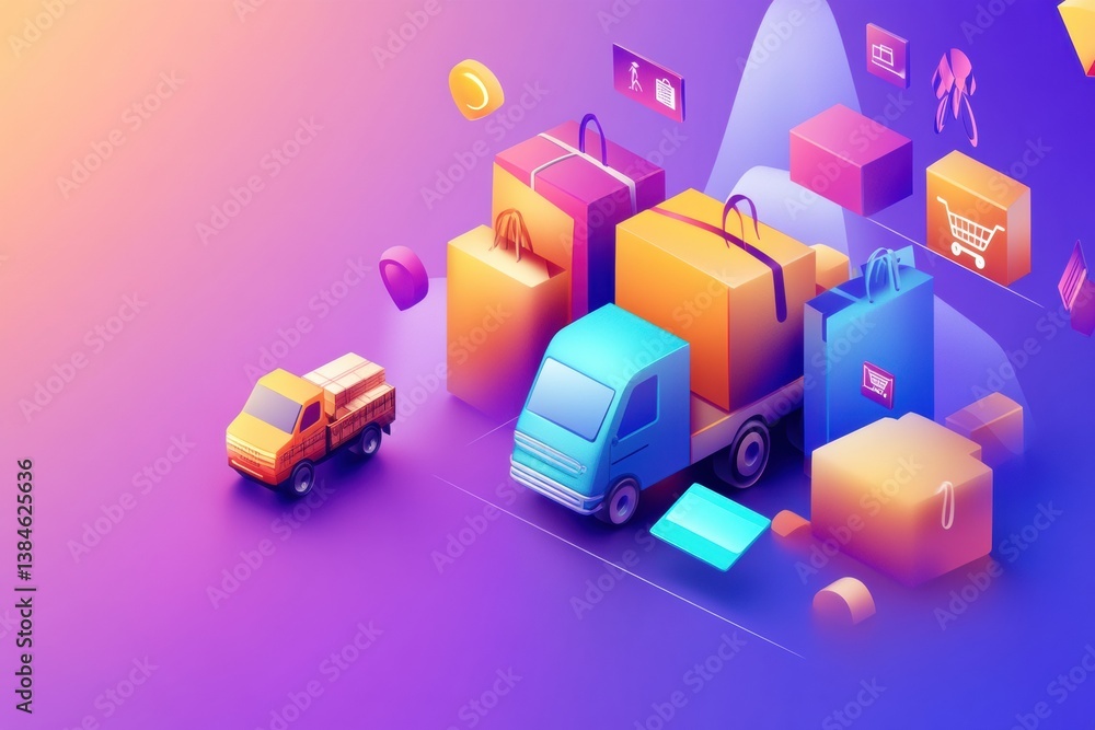 Fototapete Modern abstract design showcasing online shopping icons and delivery elements in a visually appealing gradient background for digital retail concepts