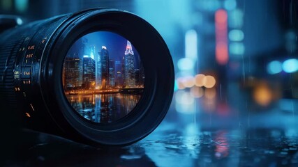 Capturing the Urban Skyline Through a Camera Lens on a Rainy Night in a Bustling City. Generative AI - Powered by Adobe