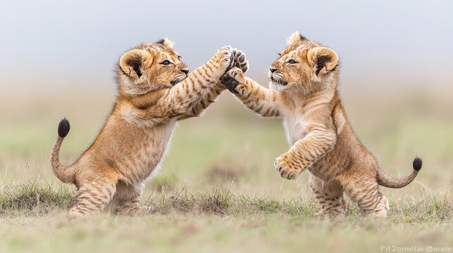 Two playful lion cubs engaging in a friendly sparring match on a grassy plain at dawn - Powered by Adobe