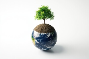 A small tree grows on a patch of earth atop a miniature Earth, symbolizing environmental conservation and the fragility of our planet.
