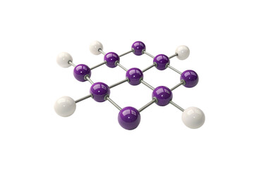 Obraz premium Molecular structure with purple and white atoms, connected by grey rods, arranged in cubic lattice, isolated on a transparent background