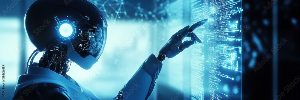 Poster robotic ai tutor engages with student using holographic interface in futuristic digital learning env