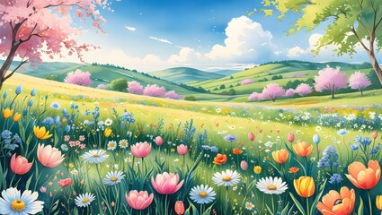 Spring Flower Meadow Watercolor Illustration – Vibrant Wildflowers, Nature Landscape Art, Generative AI

