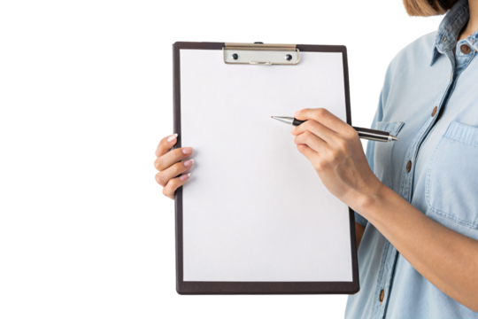 Writing on clipboard with pen, paper clean and unmarked, isolated on a transparent background