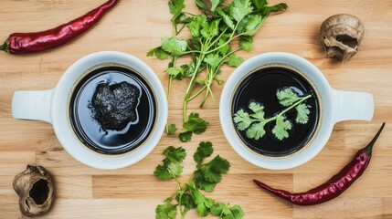 Two mugs of dark soy sauce sit on a wooden table surrounded by fresh cilantro sprigs, red chili peppers, and garlic cloves, ready for culinary use.