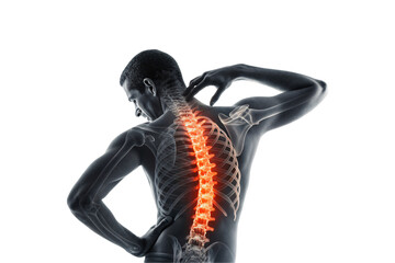 Transparent human figure reveals glowing red spine, indicating pain, inflammation, or spinal medical issue, isolated on a transparent background