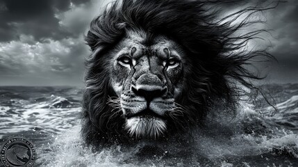 Majestic lion emerging from turbulent ocean waves under a dramatic stormy sky