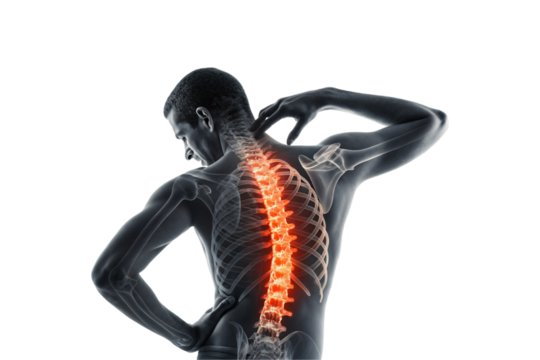 Transparent human figure reveals glowing red spine, indicating pain, inflammation, or spinal medical issue, isolated on a transparent background