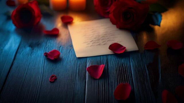 Romantic setting with candles, roses, and a love letter on a wooden table during the evening