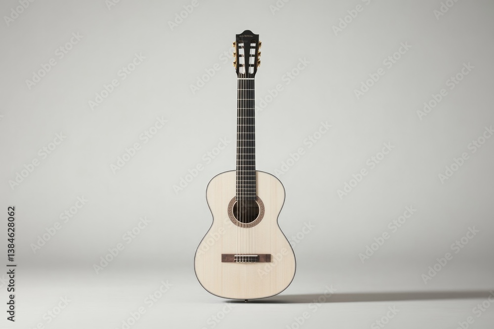 Poster minimalistic image showcasing sleek modern acoustic guitar with focus on its strings and resonant bo
