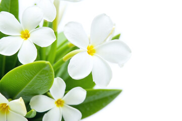 bunch of white flowers with green leaves on a white background
