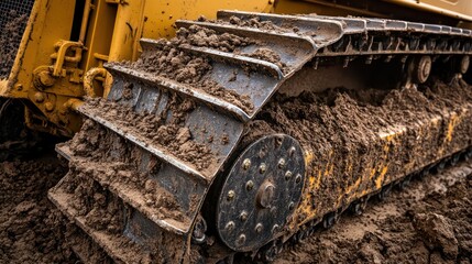 Fototapeta premium A close-up macro shot of a bulldozer's steel tracks covered in dirt, showing mechanical links, bolts, and the rugged durability