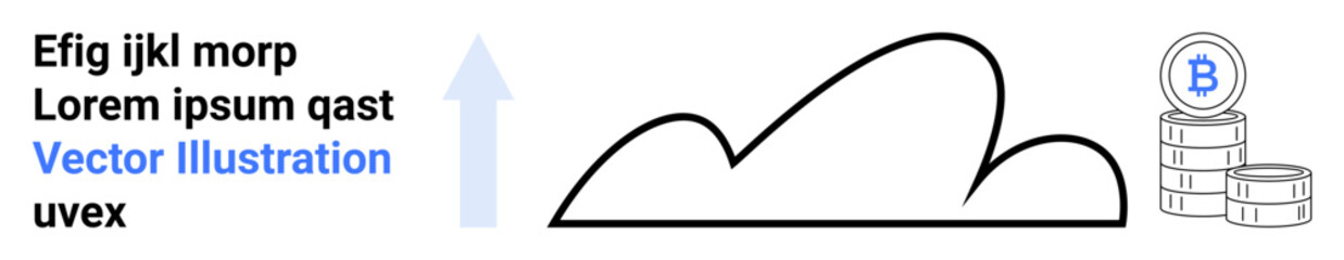 Minimalist cloud outline alongside stacks of Bitcoin coins and upward arrow symbolizing growth, innovation, and financial technology. Ideal for cryptocurrency, fintech, cloud storage, growth