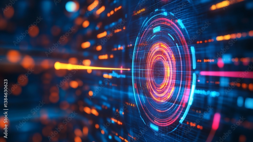 Poster futuristic data stream visualization with glowing abstract digital circles