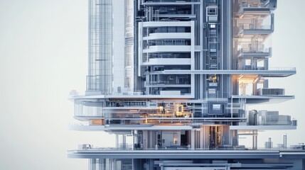 A cross-section of a high-tech high-rise building, showing smart building automation systems, AI-controlled energy management, and security infrastructure, precise architectural