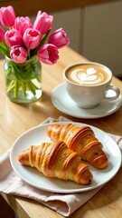 Fresh croissants, cup of coffee and tulips bouquet on light wooden table