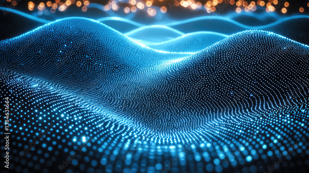 Poster mesmerizing digital landscape featuring glowing blue waves composed of countless luminous dots, crea