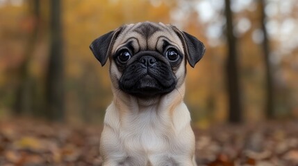 Adorable pug dog posing in a vibrant autumn forest with fallen leaves and blurred trees