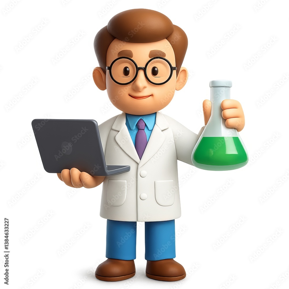 Aufkleber cartoon scientist with laptop and flask in 3d style for tech and science