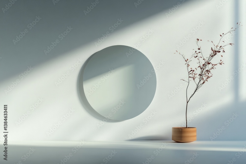 Poster minimalistic scene featuring plain mirror on seamless white wall creating reflections providing ampl