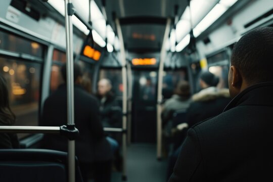 minimalistic scene on busy city bus foreground empty with ample copy space while diverse commuters sit and stand in