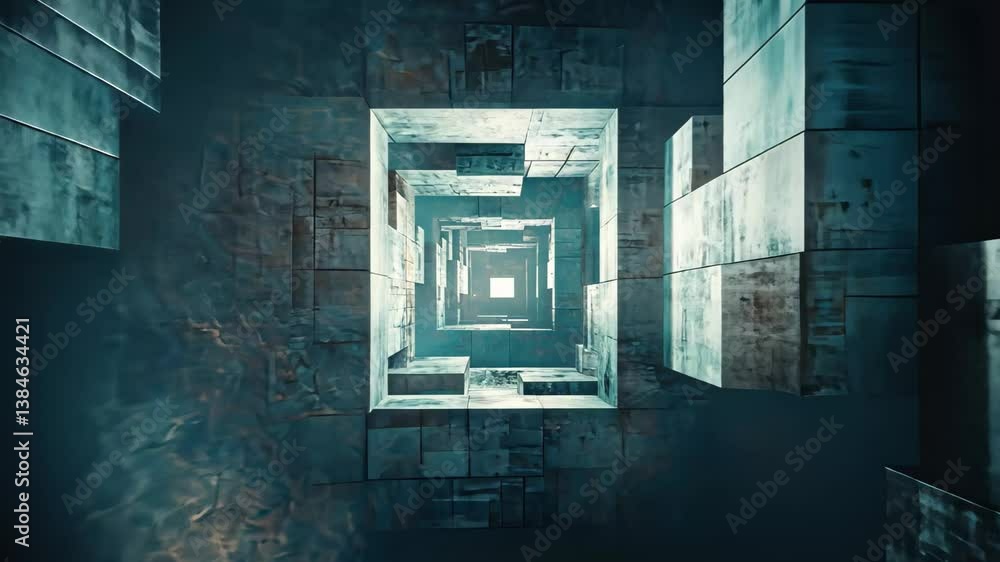 Poster floating dark sci fi tunnel with geometric blocks and ethereal lighting creates a surreal atmosphere