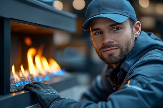 A professional technician installs a modern gas fireplace. Generative AI