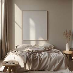 Modern bedroom scene minimalist design blank canvas artwork cozy environment natural light contemporary concept