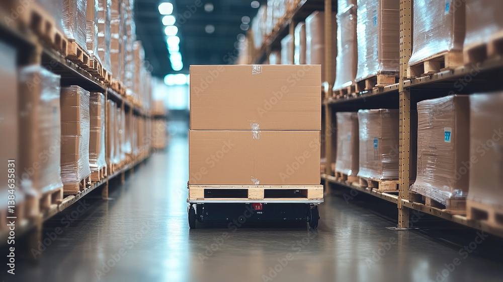 Fototapete pallet with stacked cardboard boxes is positioned in warehouse aisle, surrounded by shelves filled w