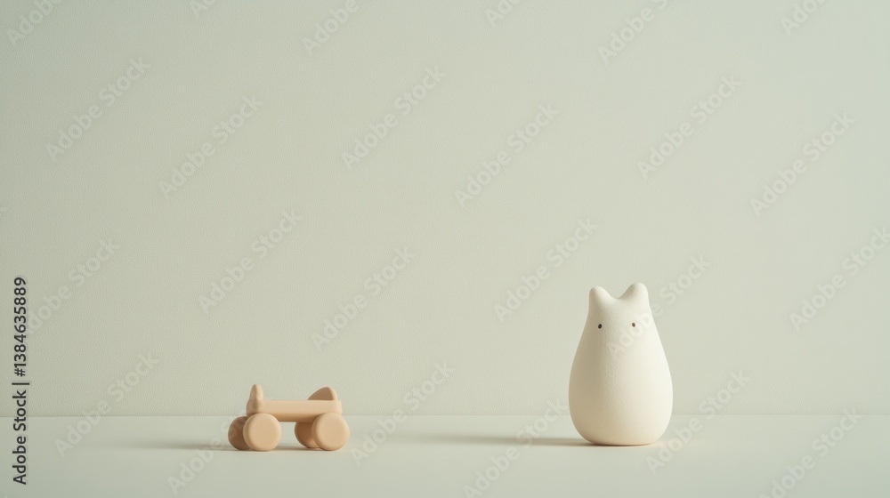 Poster minimalistic still life featuring children toy and parent item against plain background with copy sp