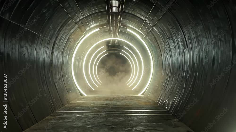 Poster illuminated tunnel with circular lights and floating dust in a dimly lit passageway, 3d tunnel with 